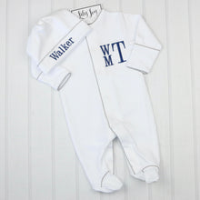 Load image into Gallery viewer, Classic Stacked Navy Monogram Footie and Hat with Gray Trim- 100% Pima Cotton
