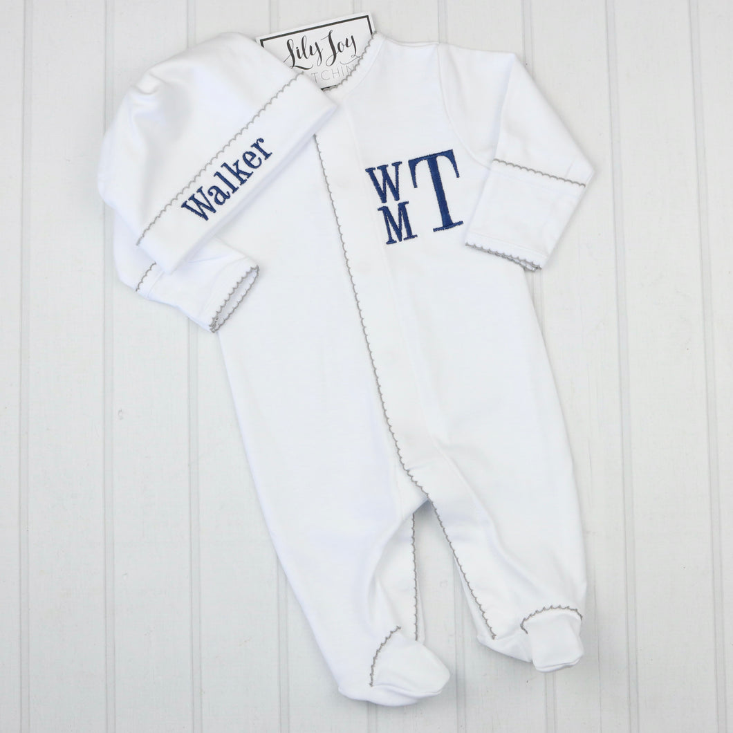 Classic Stacked Navy Monogram Footie and Hat with Gray Trim- 100% Pima Cotton