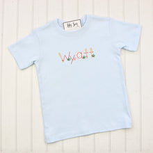 Load image into Gallery viewer, Baseball Name on Light Blue Tee or Onesie
