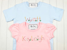 Load image into Gallery viewer, Baseball Name on Light Blue Tee or Onesie
