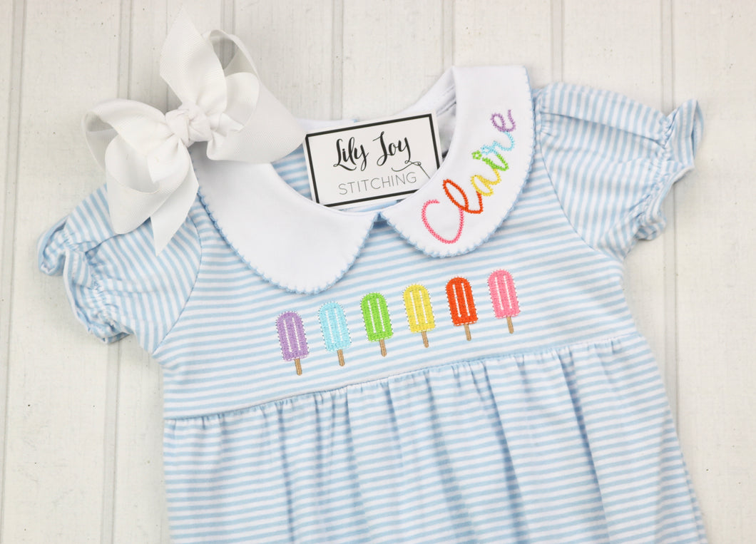 Rainbow Popsicles Striped Dress with Name on Collar