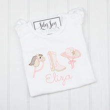 Load image into Gallery viewer, Pink Cowgirl Trio on White Ruffle Tee
