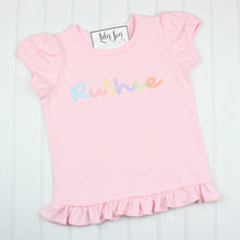 Load image into Gallery viewer, Rainbow Script on Pink Ruffle Tee
