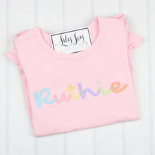 Load image into Gallery viewer, Rainbow Script on Pink Ruffle Tee
