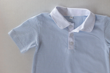 Load image into Gallery viewer, Short Sleeve Blue Stripe Polo Romper FALL PRE-ORDER
